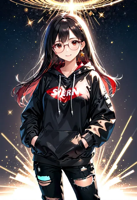 1girl, , brown eyes are shining and cute, black hair, long hair, extremely detailed neat hair,Straight hair, tareme, ((red-rimless eyewear:1.2)), star earrings, medium breasts, smile, blushful,

BREAK
looking at viewer, long sleeves, standing, jacket, open...