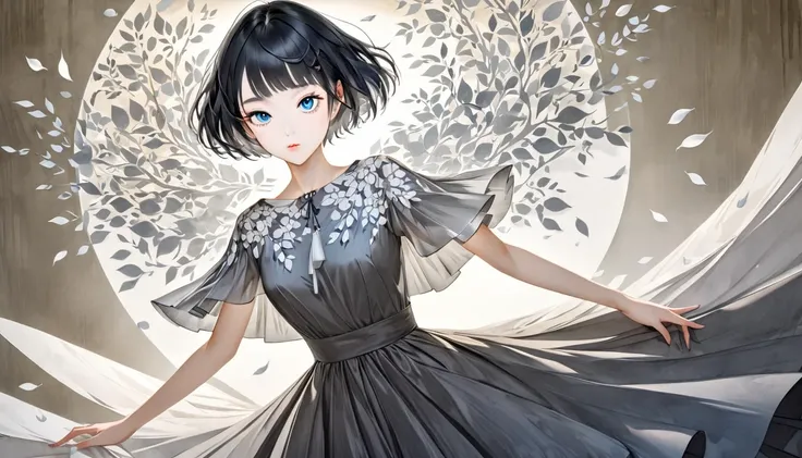 Pencil drawing, Ink Painting, Woodblock print,  Watercolor and Oil Painting Fusion , A fusion of paper cutting and shadow art, Cool Beauty, Short black hair。girl with big expressive eyes。 prom dress、 further enhances the peaceful and nostalgic mood。 Light ...