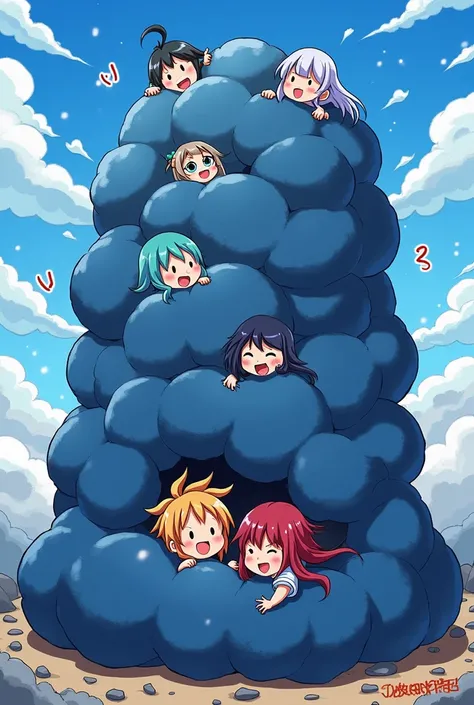 An anime-style comic depicting many kaminari-girls playfully wrestling with each other inside a dark blue comical fight cloud (thunder cloud).
each kaminari-girl has different  colored hair.
their faces,hands,and feet are visible emerging from the cloud as...