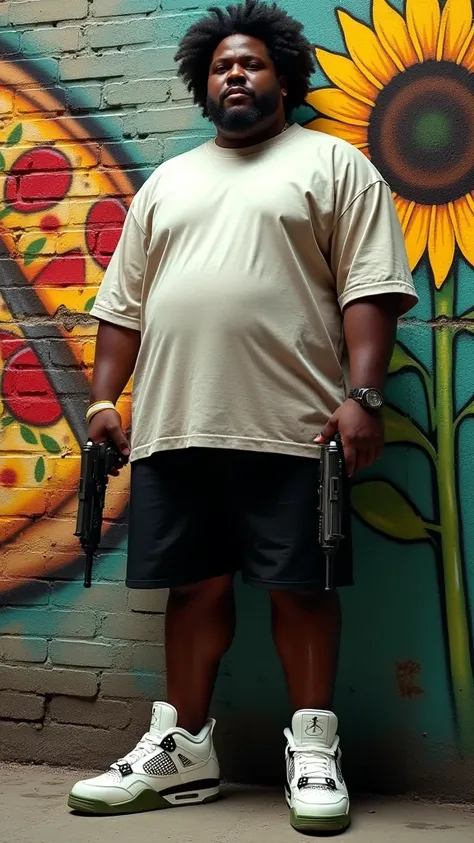 A full-body portrait of a plus-size, fat  Black man with curly hair shaved on the sides, wearing an oversized, loose-fitting t-shirt in a neutral color, paired with black shorts that reach just above the knee. On his feet, he wears a pair of Air Jordan 4 s...