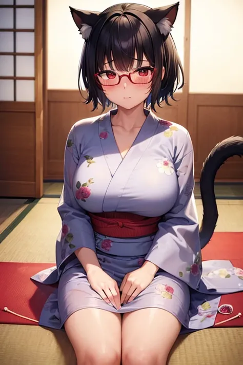  high definition , masterpiece, accurate,  anatomically correct,  best quality,  very detailed , 1 person, Short Hair ,  black hair, Cat ears, Cat tail、Glasses、chubby、Busty、Mature Woman、Yukata、 sexy、 embarrassed 、blush、Red Eye、Japanese-style room、sit