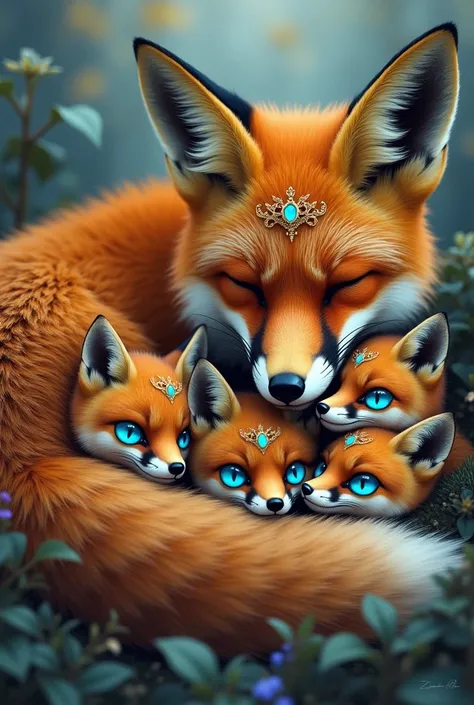 A tattoo of a sleeping fox with blue eyes with a crown and her 5 fox cubs who also have blue eyes 