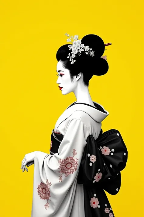 ２Ｄ Illustration works , Like cosmetics ads  , Japanese maiko consists only of white and black,Yellow background