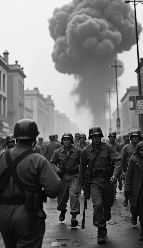 Historical black-and-white image of U.S. soldiers and civilians in chaos, with people running for cover, soldiers looking up at the sky, and explosion