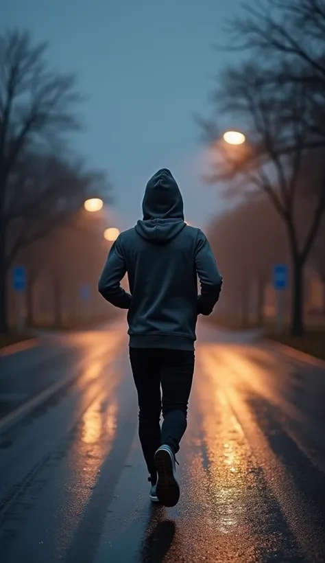 "A normal person wearing a hoodie, running on a wet asphalt road during a rainy dawn. The sky is overcast with dark grey clouds, and raindrops fall steadily. Puddles reflect dim streetlights, and the air is cool and misty and with his hoodie cap on also th...