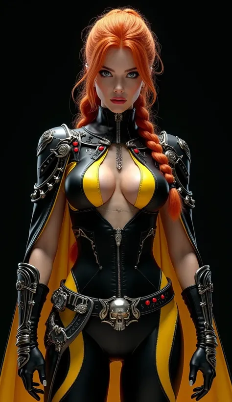 Bust shot in low angle foreshortening of a mystical warrior girl, dressed in a very tight black and yellow latex uniform, high-tech fabric, very technological, perfect image, 8k, beautiful woman, very detailed face, of a woman with fire-red hair, very long...