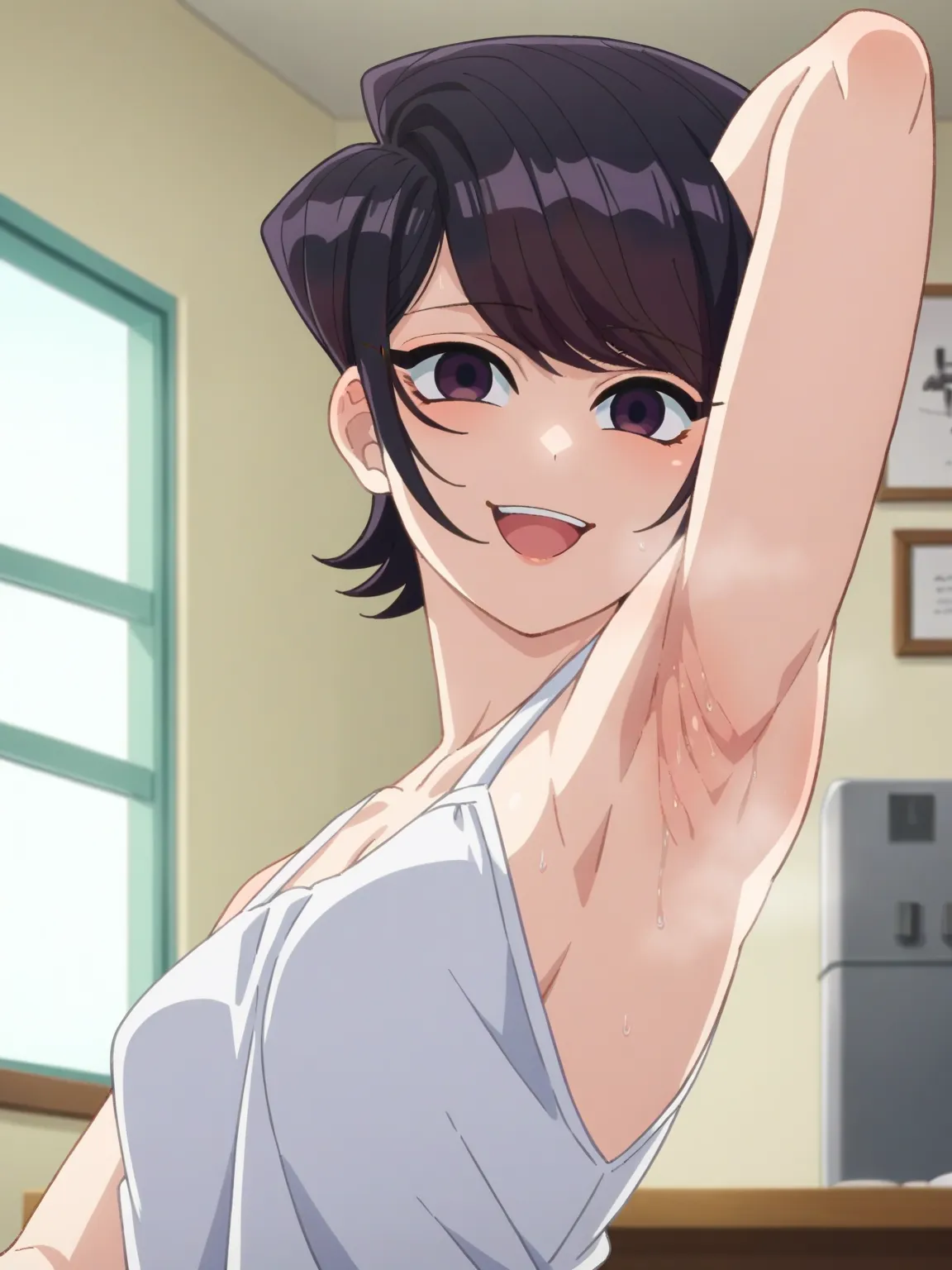 score_9, score_8_up, score_7_up, source_anime, anime screencap, 1girl, solo, indoors, day, komi shouko, purple eyes, black hair,...