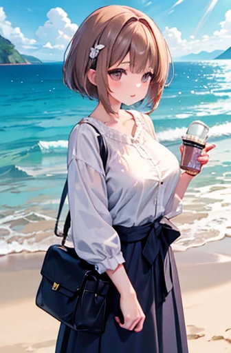 ​masterpiece、Huge landscape（（Mysterious Sea、 sandy beach））、a beauty girl、Big Breasts、Brown short hair、blouse、 long skirt、 hair decoration 