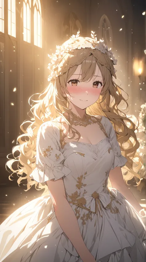 1 girl, ( blush:1.3),  Valkyrie,  wavy hair, to many hairstyle,  Dress Armor , ( Mysterious Atmosphere :1.2),  medium breasts,  embarrassed expression,  Clear Skin,  cowboy shot, BREAK 
Soft Light , ( dreamy lighting :1.3),  gold tone , Premonition of Love...