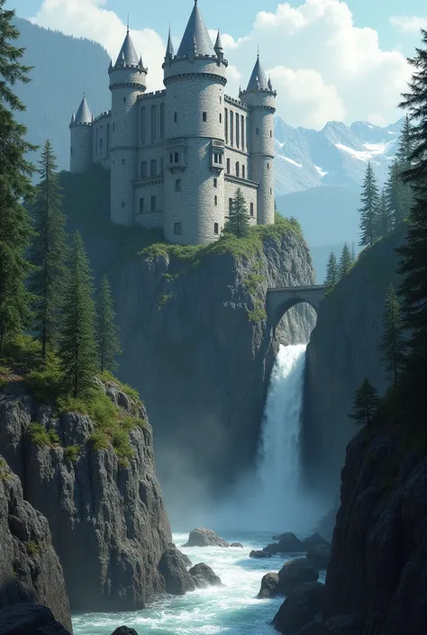 Châteaufort gris avec quinze tours sur une falaise avec des sapins et un pont en bas au dessus dune rivière avec une cascade 