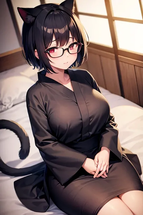  high definition , masterpiece, accurate,  anatomically correct,  best quality,  very detailed , 1 person, Short Hair ,  black hair, Cat ears, Cat tail、Glasses、chubby、Busty、Mature Woman、Yukata、 sexy、 embarrassed 、blush、Red Eye、Japanese-style room、sit