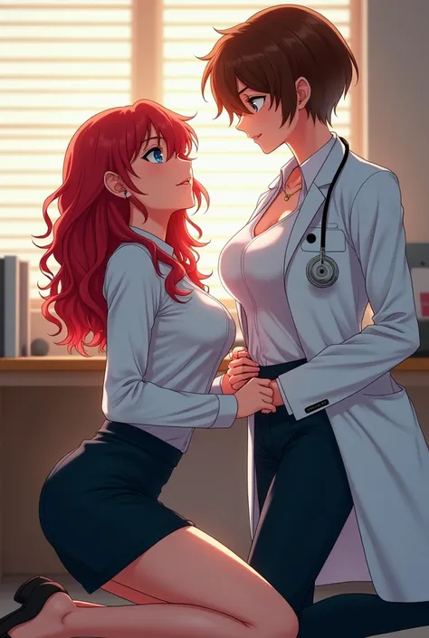 Beautiful girl with curly redhead hair firm breasts blue eyes kneeling fitt kneeling tall on her knees slim anime office secretary submissive to her boyfriend brown male doctor