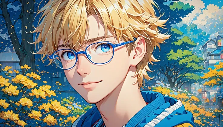 A high-quality  character in the style of a popular Japanese anime, drawn with thin, detailed lines and vibrant colors. The character is a cute male figure with short, shaggy blonde hair and bright blue eyes, wearing a cheerful smile. He is dressed in a sc...