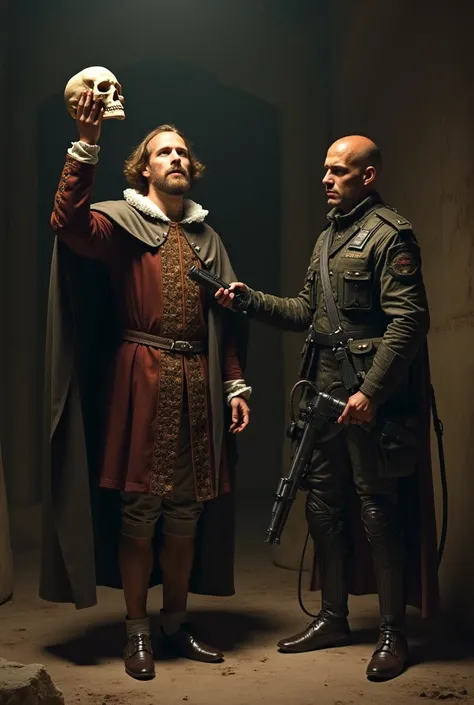  Create an image of Shakespeare holding a skull ,  looking at it holding it with his arm raised ,  as in the famous scene of being or not being , And next to him another man , A soldier in uniform, contemporary, standing,  holding a modern weapon,  pointed...