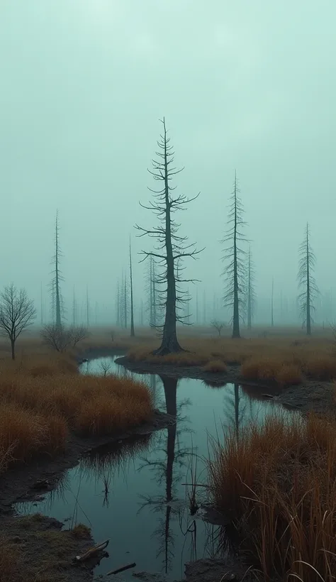 A hyper-realistic, ultra-detailed landscape, captured with an Arri Alexa LF and a Leica Summilux-M 35mm f/1.4 ASPH lens, showcasing a vast, desolate marsh under a leaden, overcast sky, with the muted, earthy tones of the dying vegetation contrasting agains...