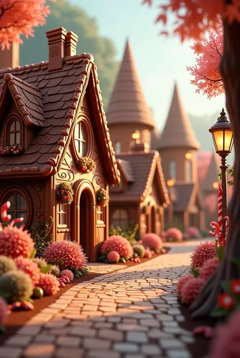 a street with cute houses made of chocolat