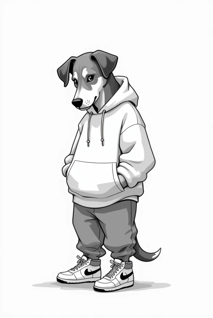 Sketch of a dog wearing oversized clothes and Nike shoes looking down at the floor in white, black and grey