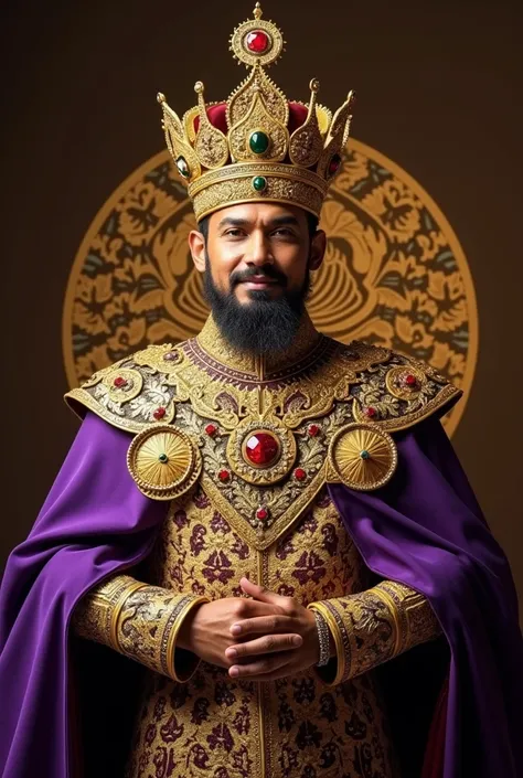 King Mahazuranika Tandaka Bayulantar Manjang Keputeraan Sangaraya’s crown is a towering symbol of unmatched authority. Crafted from pure gold, the crown rises high with intricate filigree designs, crowned by a large red diamond, symbolizing his strength. S...