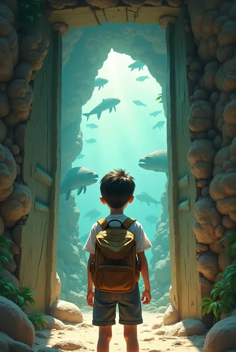 A  boy with a white shirt and a backpack that looks like a traveler is standing and looking at an open door, and inside the open door reveals all of the organisms from the paleozoic era.