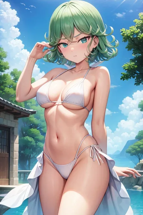 Tatsumaki, white bikini with white skirt, blushing