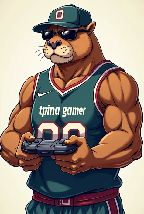 Draw an anime capybara , muscular,  with dark glasses and a cap behind, with a bad face, holding a video game controller, Put on a number 00 basketball jersey, Change the name of the t-shirt to” TPina Gamer”