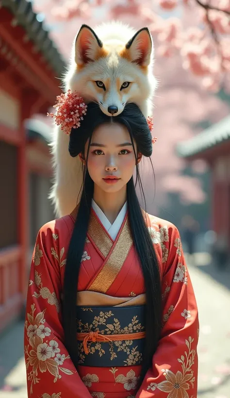 A full-body, ultra-realistic image of a Japanese woman standing in front, with traditional Japanese features, wearing a beautiful kimono adorned with intricate patterns, her long black hair styled elegantly, and the background featuring elements of Japanes...