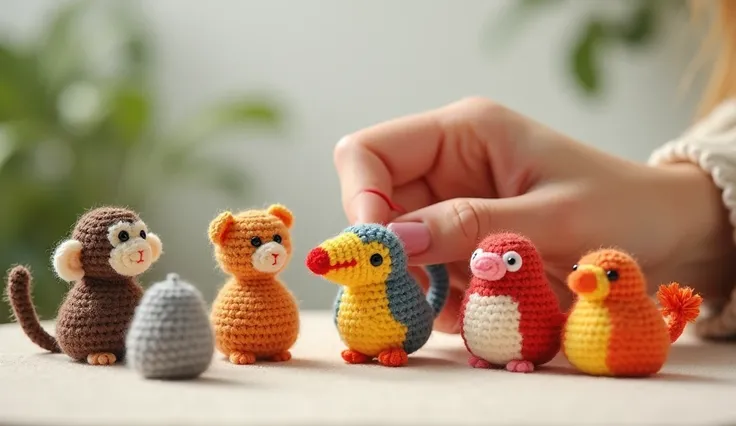 small jungle animals crocheted on a feminine hand. Hyper realistic.