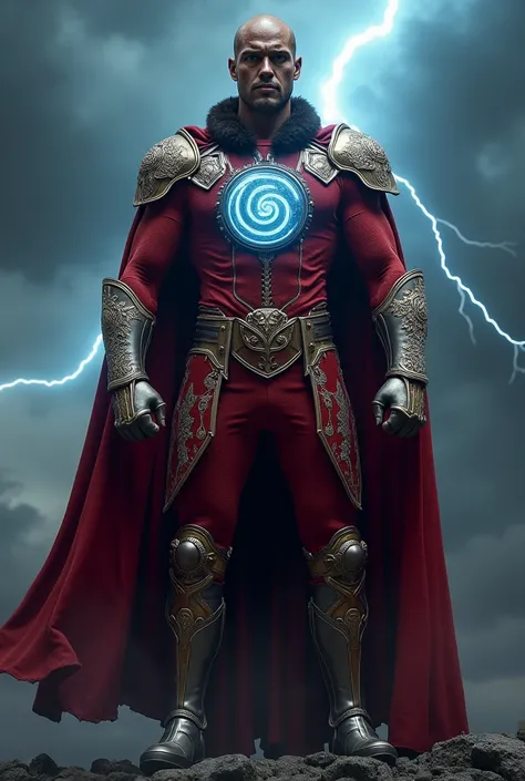 "Create a hyper-realistic design of Shaktimaan inspired by Norse mythology, where 80% of his original costume design is preserved. The suits deep red fabric appears textured, with visible stitching and weathered metallic gold accents. The spiral emblem on ...