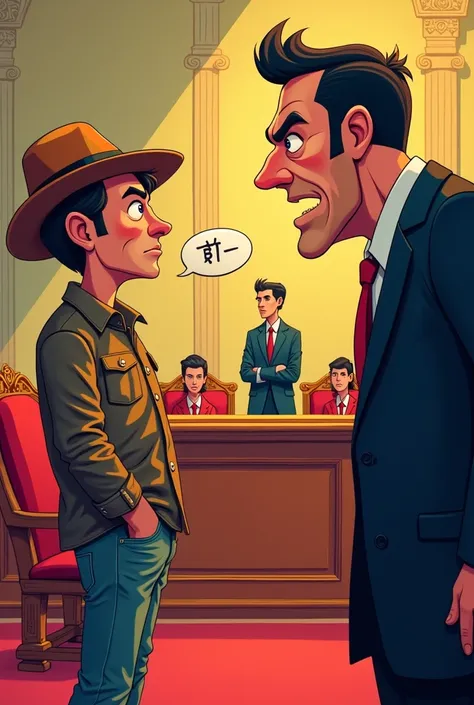 A colorful cartoon courtroom with the farmer standing in the witness box, looking nervous. The judge is angrily looking at the farmer, who is saying “ব্যা” with a blank expression. The lawyer stands in the background, confident and relaxed.