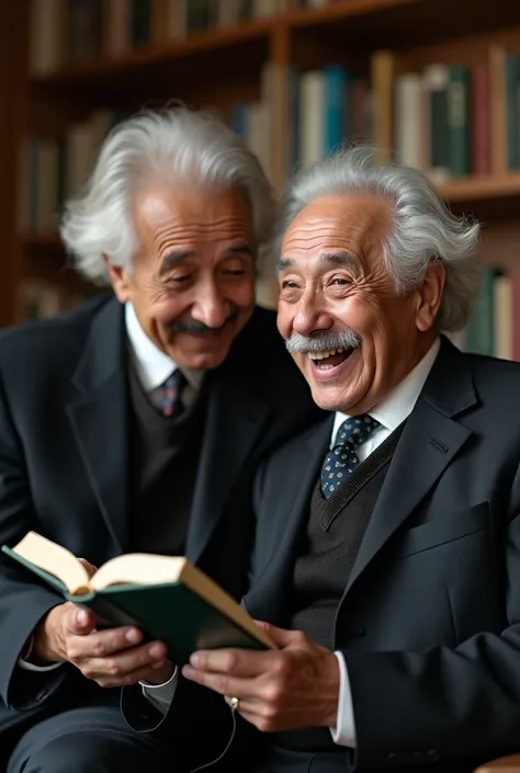 A photo of Albert Einstein with a 21-year-old Indonesian man. The man has a neat haircut, is wearing a black suit, and is reading a book. He is smiling. albart einstein is laughing happily .The background is a library with bookshelves. HD ,camera-like effe...