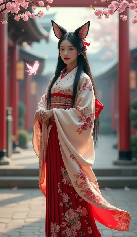 "A full-body, ultra-realistic image of a Japanese woman standing in front, with traditional Japanese features, wearing a beautiful kimono adorned with intricate patterns, her long black hair styled elegantly, and the background featuring elements of Japane...