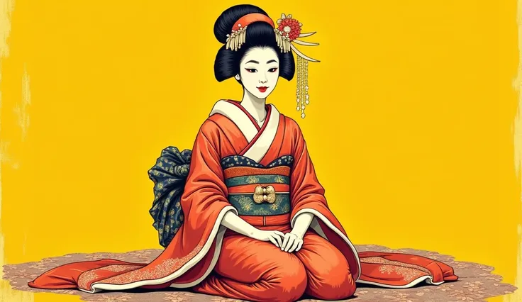 Illustration works , Like a geisha poster  ,Sit so you can see your whole body、 Japanese maiko is smirking,Yellow background