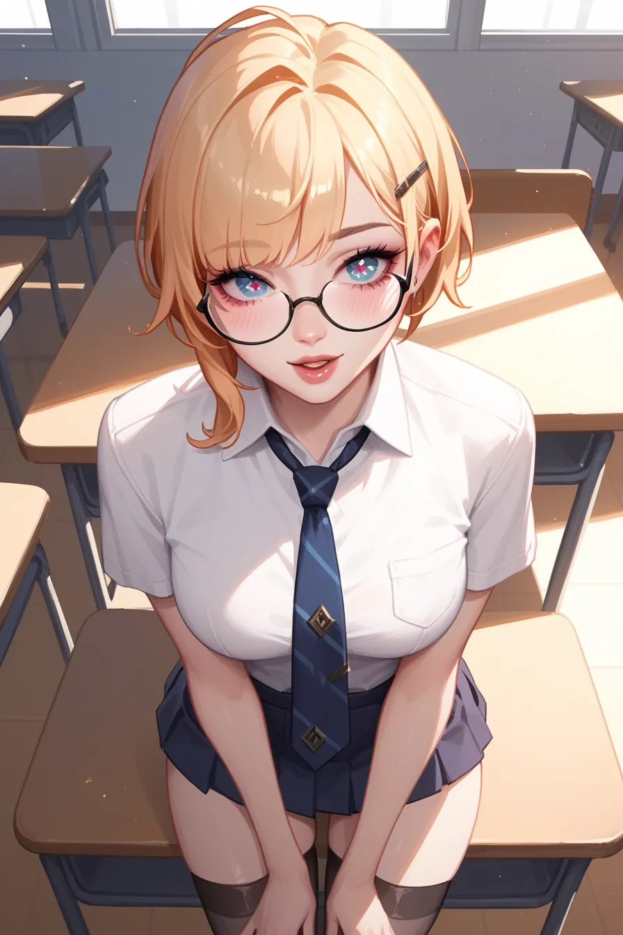 above angle, anime, naughty girl like gwen, arrogant facial, necktie, glasses, in the classroom, evening light, (lol-series)