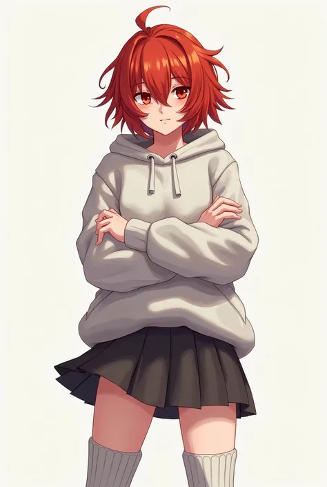 Red-haired girl wearing a hoodie, skirt, knee-high, arm-folded expression