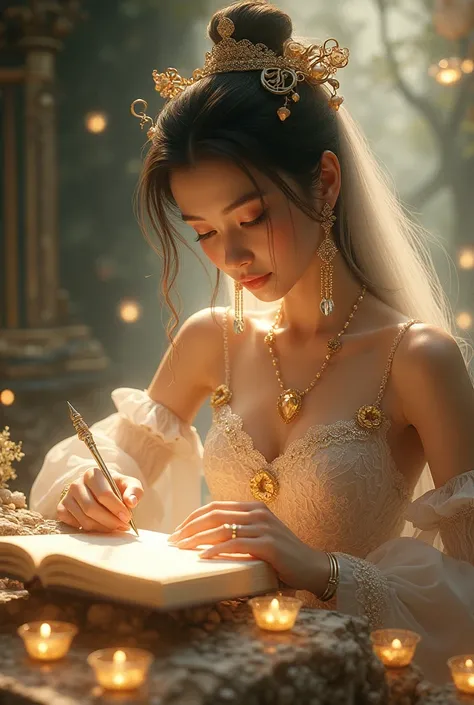 Letter writing host parkun prayer with her beauty studded with diamonds and golden colored pearls 