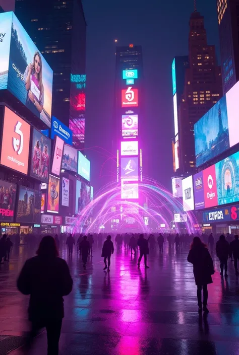  (A vibrant and futuristic Times Square scene) featuring (large digital billboards) displaying (iconic brand logos) illuminated in (neon purple, lilac, and blue lights). The setting is bustling with (a glowing atmosphere), (reflections on wet pavement), an...