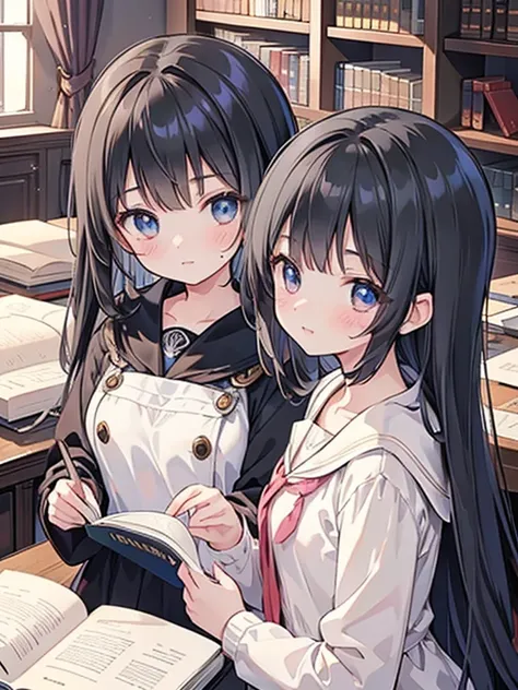 young girls, reading the book, one piece, the cutest in the world, black hair, detailed eyes, detailed face, in the spacious library, Europe, beautiful detailed glowphotorealistic:2.0, masterpiece, best quality,
insanely detailed, from above 