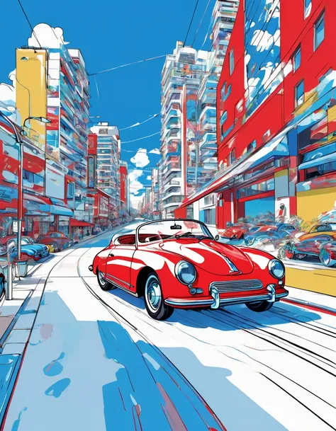 Graphic design, Drawn with clear lines, EIZIN SUZUKI style of art, City Pop Style, Blue sky, white clouds, Ligne Claire, ((No humans)), Flowing Thick lines, Red Porsche 356 Speedster, fine line drawing, Line art, Illustration, Vivid highly saturated colors...