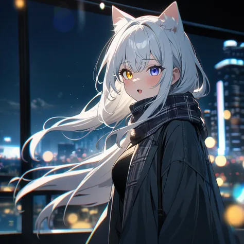 best quality , ultra detailed ,  highres icon ,anime style , from front , look at viewer ,One woman, ((long white hair)), (( Heterochromia,yellow right eye,blue left eye)), cat ears,  medium breasts , long hair, solo, scenic view,night view,night city,ligh...