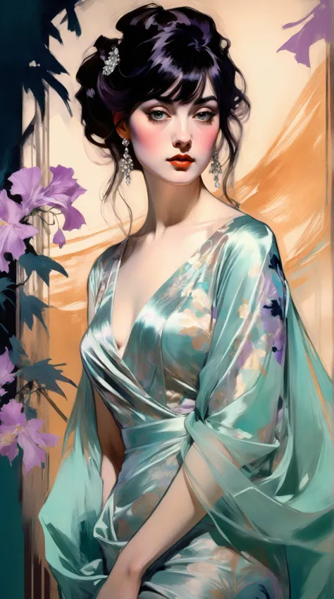 (thick and bold) ink sketch technique on sensual illustration of an elegant bride (((medium hair with bangs:1.4、Beautiful bangs) , vintage ,silky dress, matte painting, by John Singer Sargent, by Harumi Hironaka, extremely soft colors, dark fashion , Tiffa...