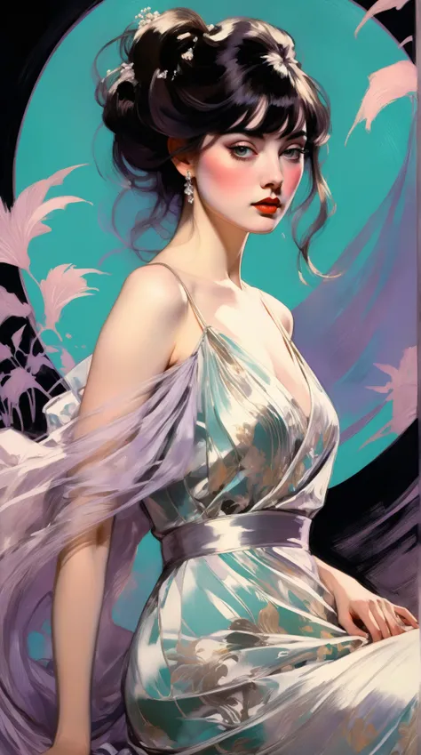 (thick and bold) ink sketch technique on sensual illustration of an elegant bride (((medium hair with bangs:1.4、Beautiful bangs) , vintage ,silky dress, matte painting, by John Singer Sargent, by Harumi Hironaka, extremely soft colors, dark fashion , Tiffa...