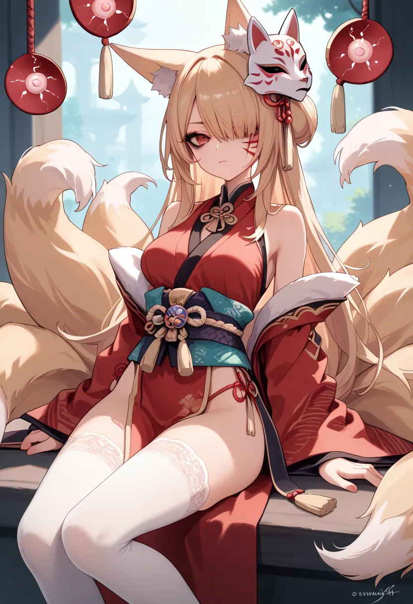 hair covers the eye, rpg, sperm,  bare shoulders are visible, 1 girl,  long golden hair, 4k,  red eyes , , fox ears, hair templa...