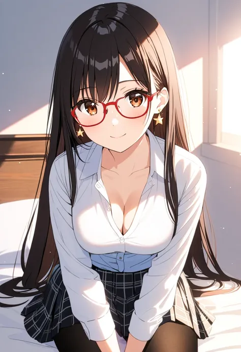 1girl, , brown eyes are shining and cute, black hair, long hair, extremely detailed neat hair,Straight hair, tareme, ((red-rimless eyewear:1.2)), star earrings, medium breasts, smile, blushful, looking at viewer, long sleeves, closed mouth, cleavage, sitti...