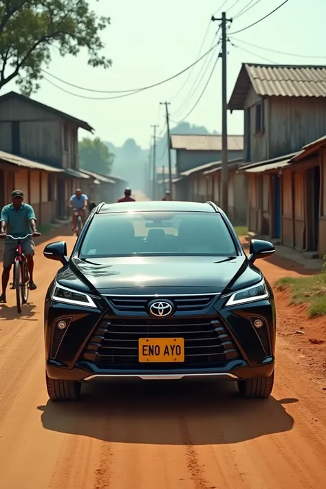 "A sleek black Toyota Harrier SUV parked at the side of a dusty rural road. The car has a vibrant yellow license plate with the text ENO AYO clearly visible. The background features a rustic village scene with wooden houses topped with metal roofing. Villa...