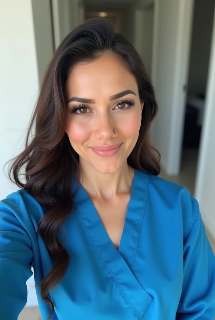 arafed woman in blue scrubs posing for a selfie, profile image, khyzyl saleem, alanis guillen, kyza saleem, julia fuentes, wearing lab coat and a blouse, adriana dxim, wearing blue robe, with professional makeup, estefania villegas burgos, profile pic, pro...