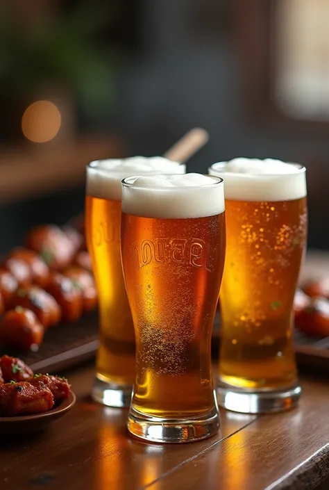  Create image 3 glasses of beer draft, with a background of roasted meat on skewers 