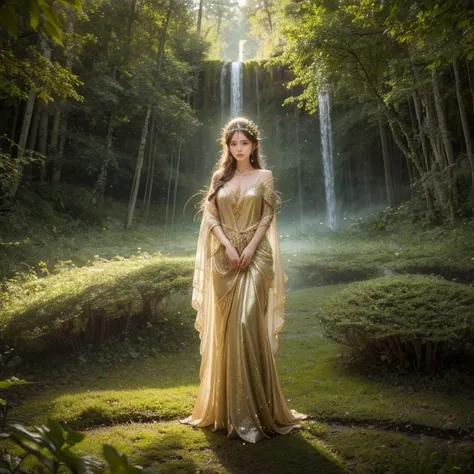 A majestic and mystical earth goddess with long, flowing hair intertwined with glowing vines, adorned with blooming flowers, and sparkling dew. She wears an elegant dress made of moss, leaves, and gemstones, radiating a soft golden-green glow. Her presence...