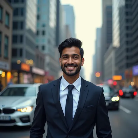 Portrait of an pakistani young man, urban commutator, metro city, corporate professional, smiling