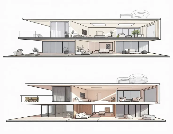 produce a3 sized line drawing perspective view of a living space including with the rendering techniques, produce it on 2 version, 1 line drawing version black and white, another 1 real image situation with colored images 