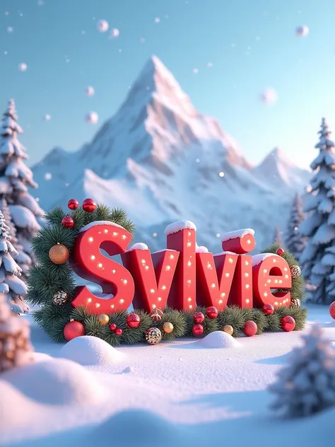 Un rendu 3D animé du nom texte "SYLVIE" panneau 3D centré en caractères gras, texte au milieu, orné de décoration de Noel, flocons de neige, fond est une grande montagne dhiver, il neige